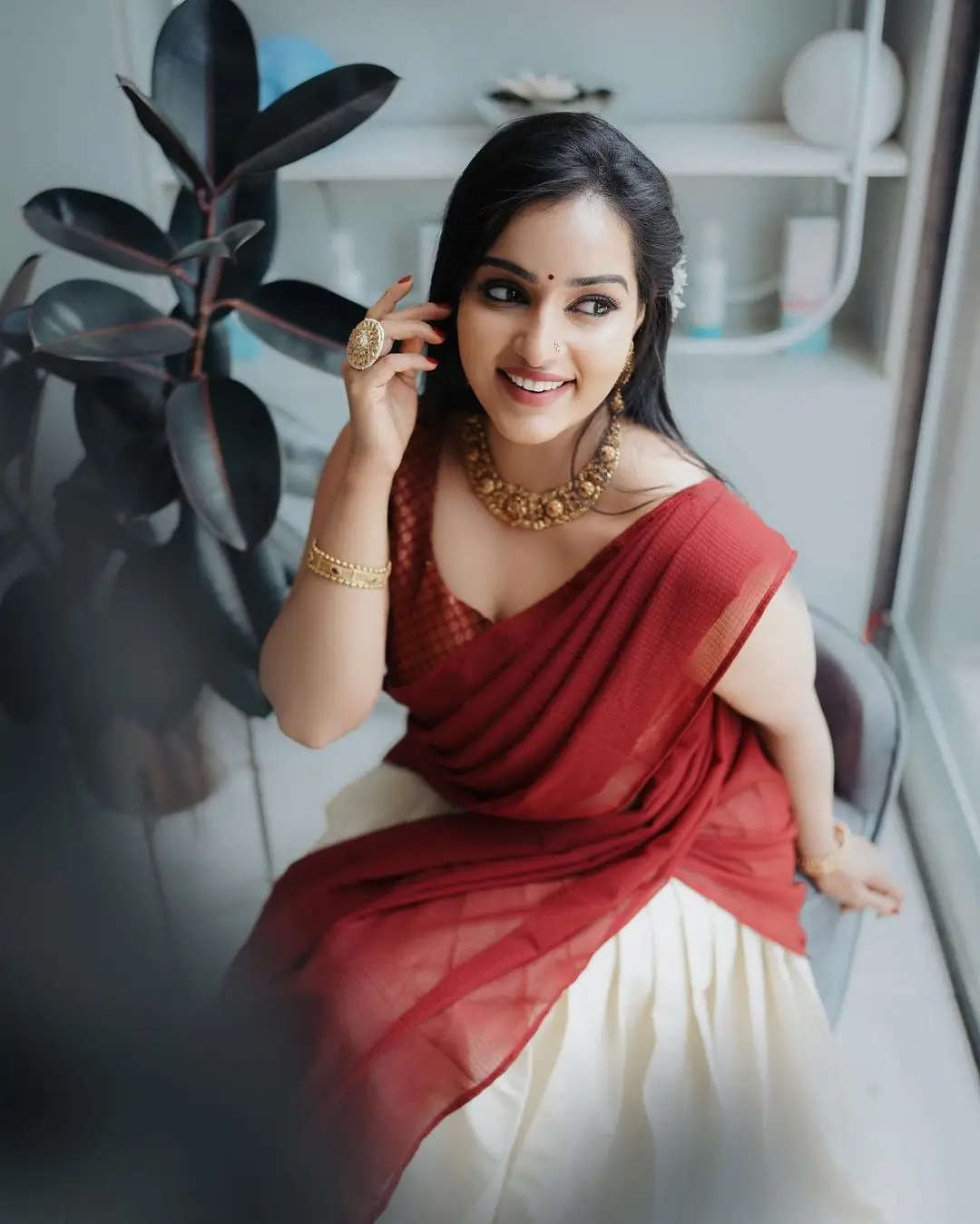 Malavika Menon In South Indian Traditional Red Half Saree Voni Blouse